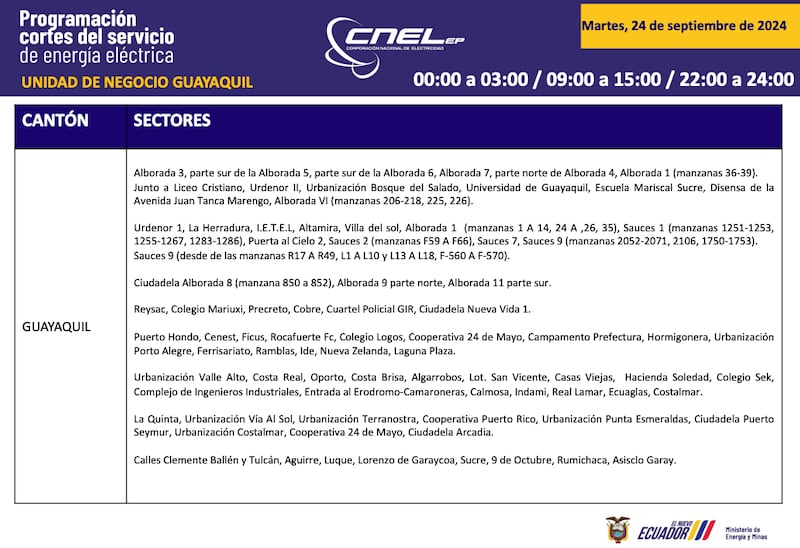 Horario de cortes de luz para este martes 24 de septiembre en Guayaquil.