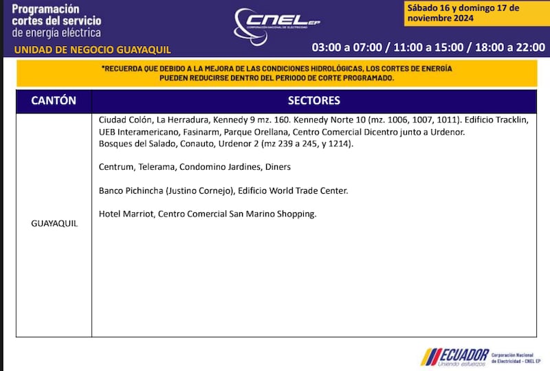 Guayaquil: horarios de cortes de luz de este domingo 17 de noviembre. Imagen: CNEL