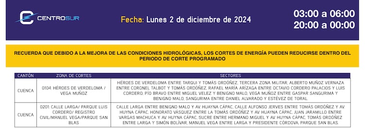 Cuenca: revise el cronograma de cortes de luz de este lunes 2 de diciembre. Imagen: CENTROSUR