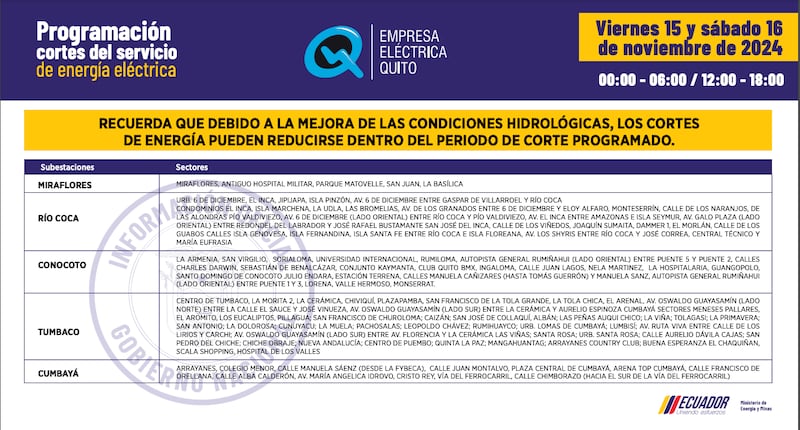 CORTES DE LUZ VIERNES 15 Y SÁBADO 16 DE NOVIEMBRE