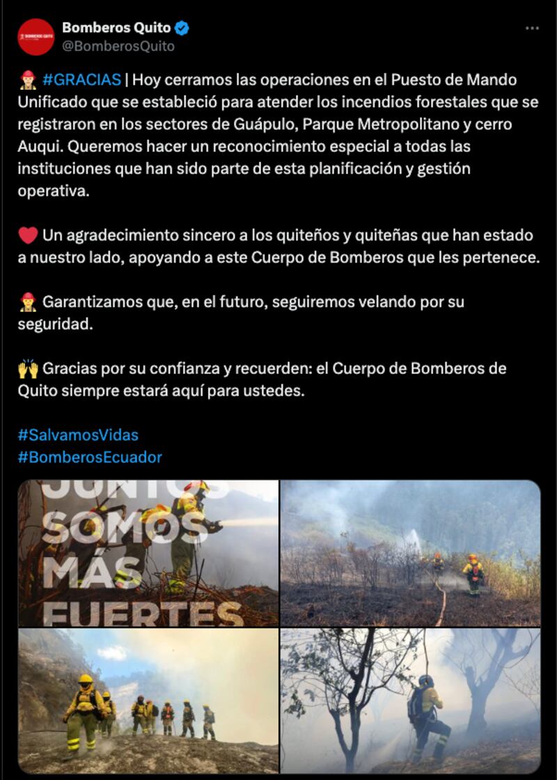 ¡Gracias Héroes! Bomberos controlan y liquidan incendios en Quito