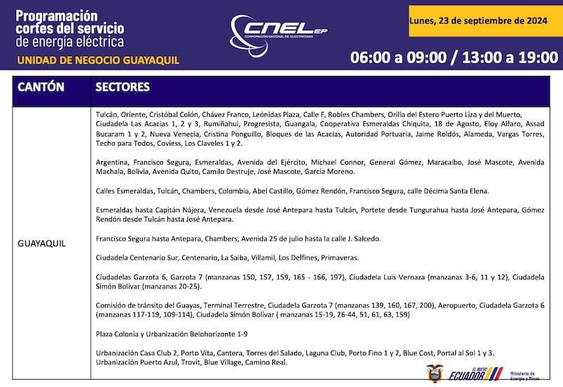 Así quedan los horarios de cortes de luz para Guayaquil.