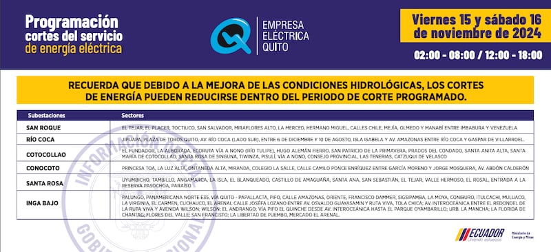 CORTES DE LUZ VIERNES 15 Y SÁBADO 16 DE NOVIEMBRE