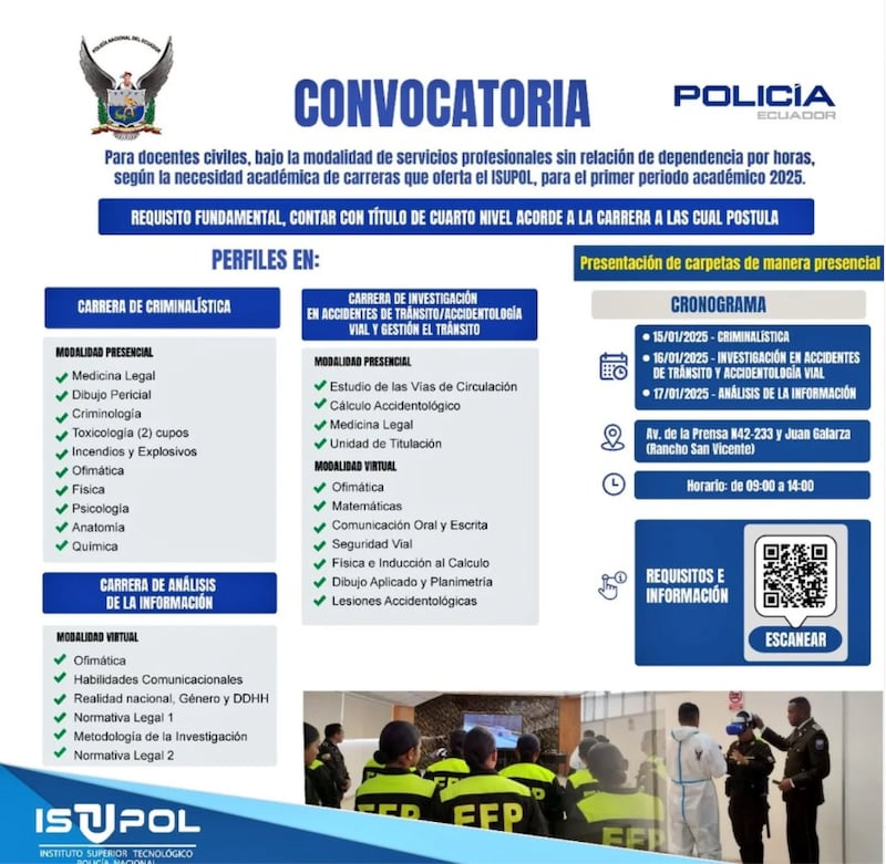 Policía Nacional busca abrió docentes civiles para Instituto Superior Tecnológico