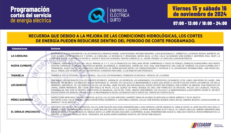 CORTES DE LUZ VIERNES 15 Y SÁBADO 16 DE NOVIEMBRE