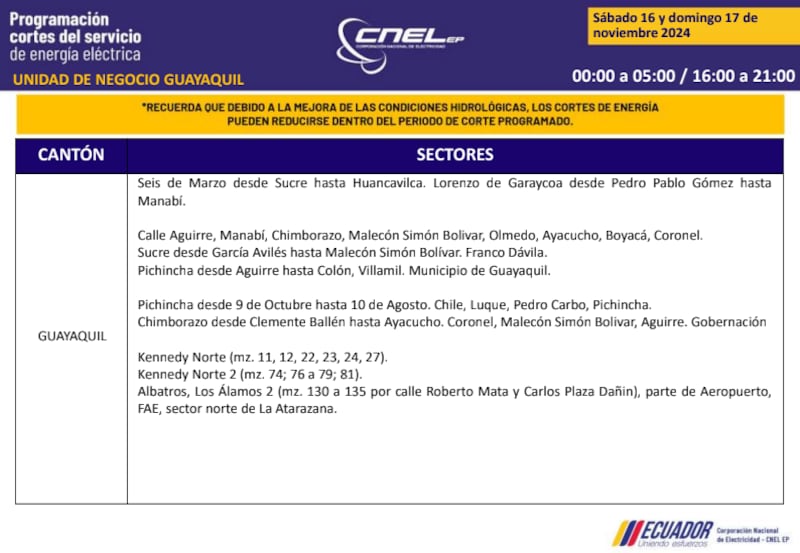 Guayaquil: horarios de cortes de luz de este domingo 17 de noviembre. Imagen: CNEL