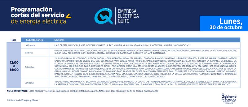 Cronograma de cortes de luz en Quito del 30 de octubre de 2023.