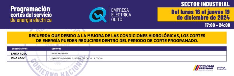 Quito: nuevos horarios de apagones del 16 al 19 de diciembre serán de dos horas. Imagen: EEQ