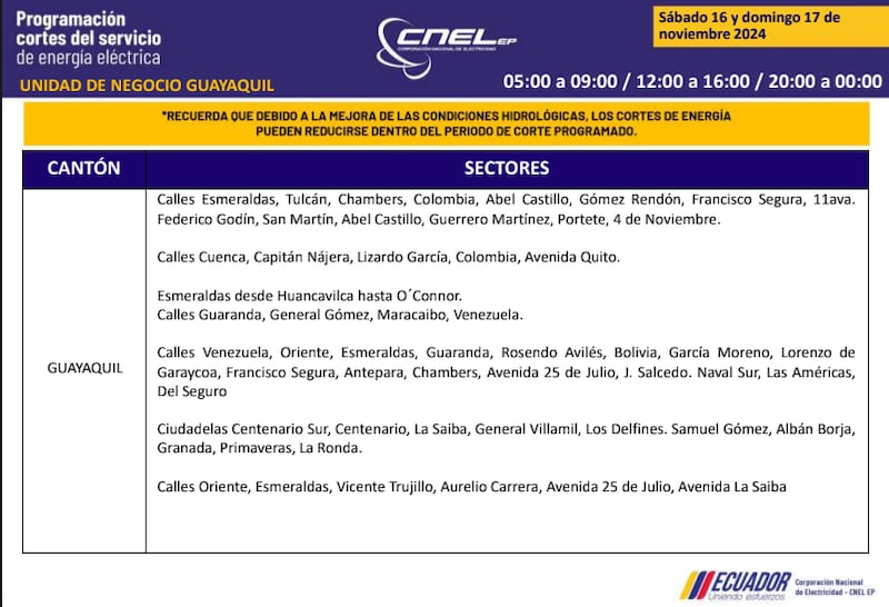 Guayaquil: horarios de cortes de luz de este domingo 17 de noviembre. Imagen: CNEL