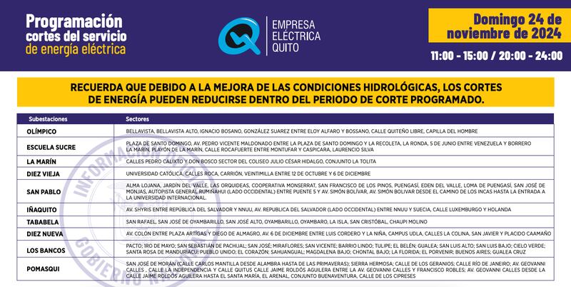 (SECTOR INDUSTRIAL) Cortes de luz en Quito del domingo 24 de noviembre