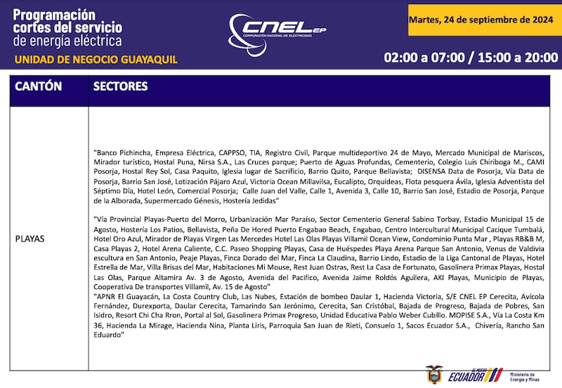 Horario de cortes de luz para este martes 24 de septiembre en Guayaquil.