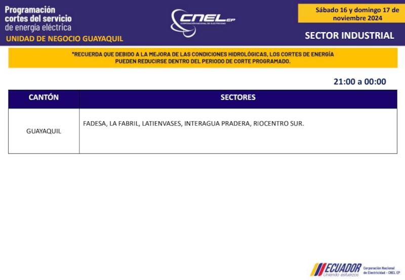 Guayaquil: horarios de cortes de luz de este domingo 17 de noviembre. Imagen: CNEL