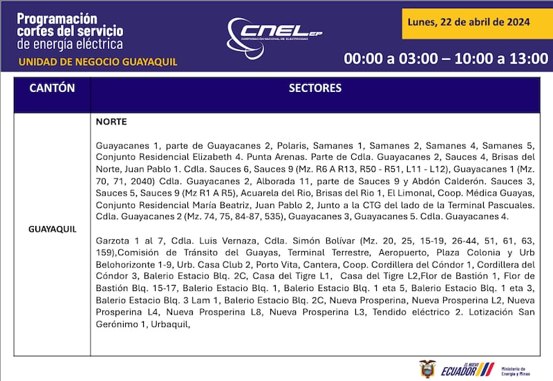 Cortes de luz en Guayaquil este 22 de abril