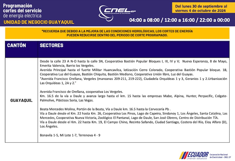 Cortes de luz en Guayaquil hasta el 4 de octubre