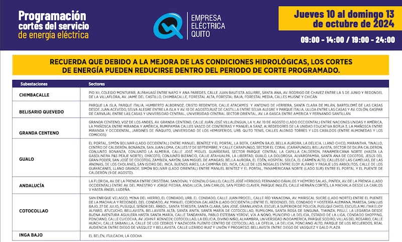 Cortes de luz en Quito del 10 al 13 de octubre