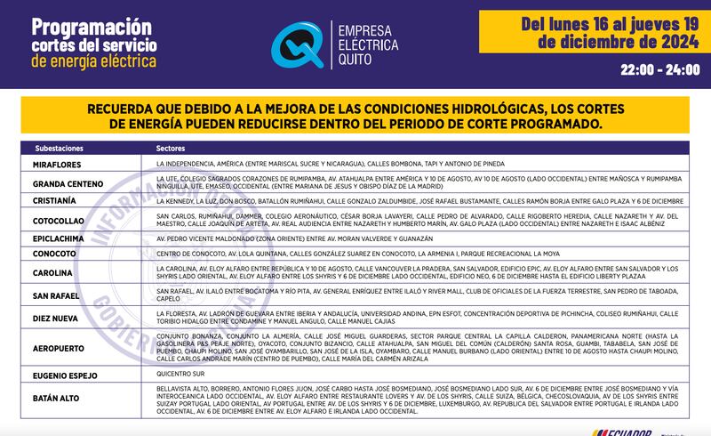 Quito: nuevos horarios de apagones del 16 al 19 de diciembre serán de dos horas. Imagen: EEQ