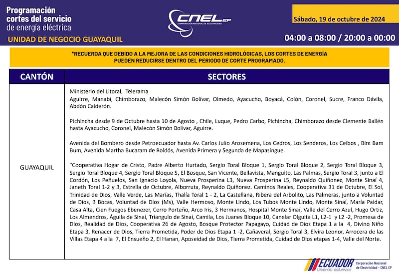 Guayaquil: horarios de cortes de luz para este sábado 19 y domingo 20 de octubre. Imagen: CNEL