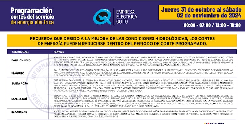 Cortes de luz del 31 de octubre al 2 de noviembre en Quito