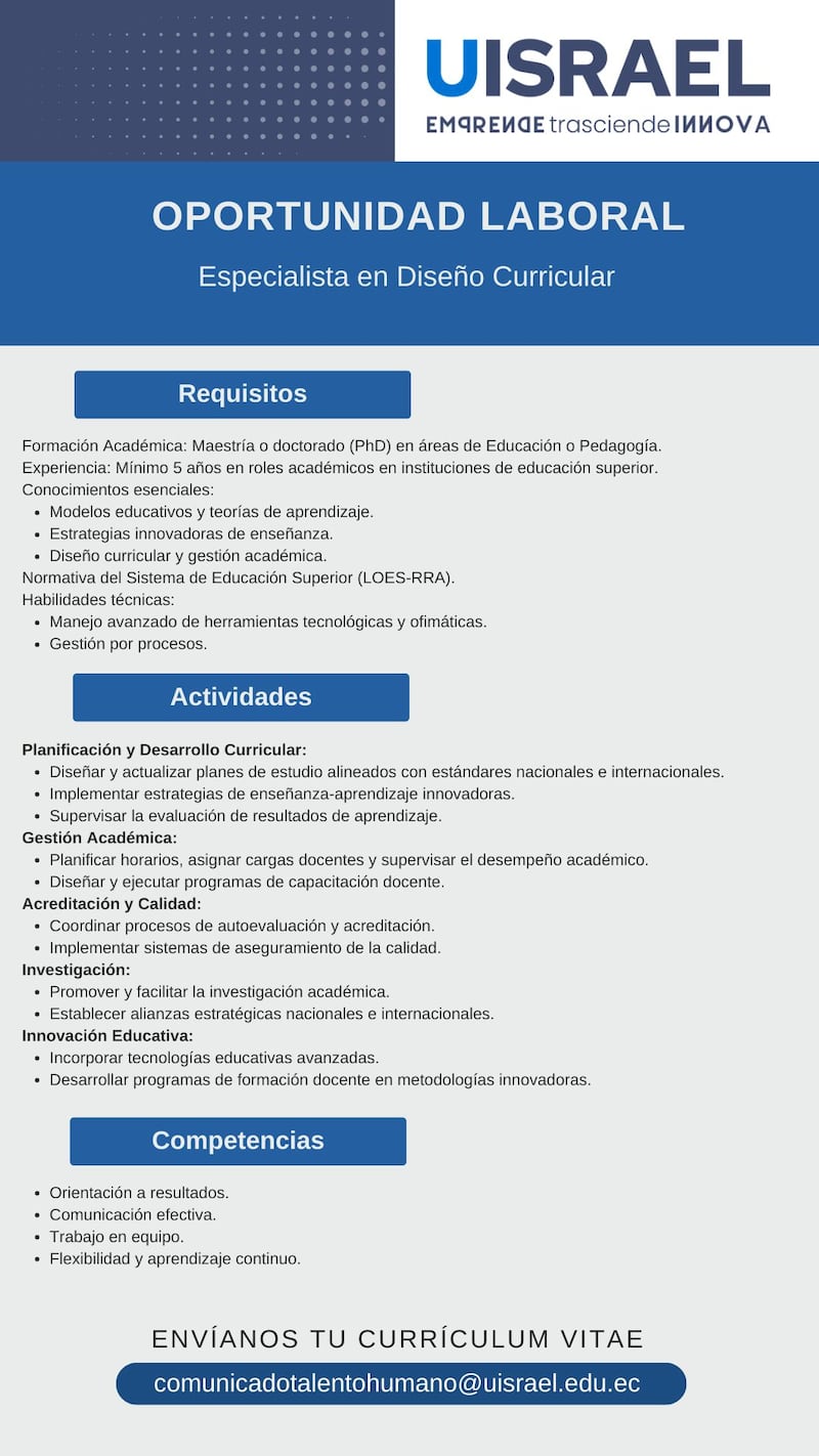 Vacante en Quito en la Universidad Israel