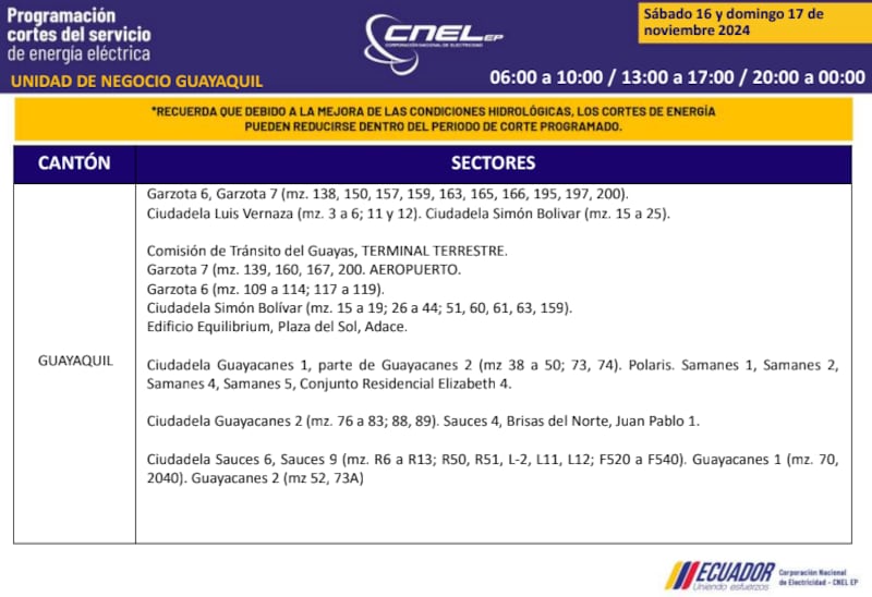 Guayaquil: horarios de cortes de luz de este domingo 17 de noviembre. Imagen: CNEL