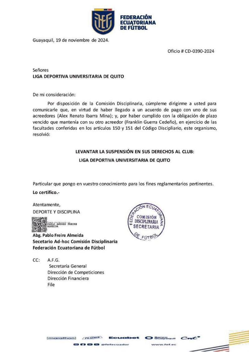 Comunicado FEF sobre sanción a Liga de Quito