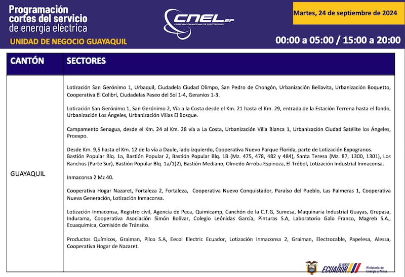 Horario de cortes de luz para este martes 24 de septiembre en Guayaquil.