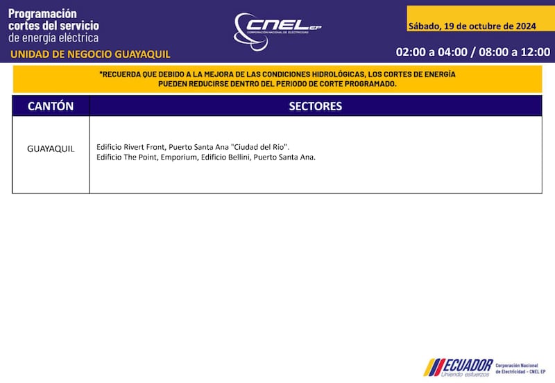 Guayaquil: horarios de cortes de luz para este sábado 19 y domingo 20 de octubre. Imagen: CNEL