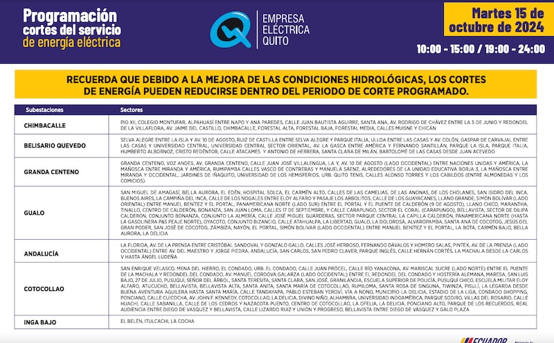 Quito: recuerde los horarios de cortes de luz para este 15 de octubre