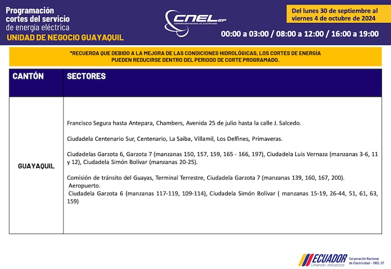 Cortes de luz en Guayaquil hasta el 4 de octubre