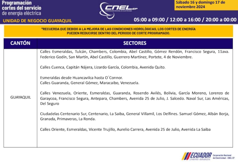 Guayaquil: horarios de cortes de luz de este domingo 17 de noviembre. Imagen: CNEL