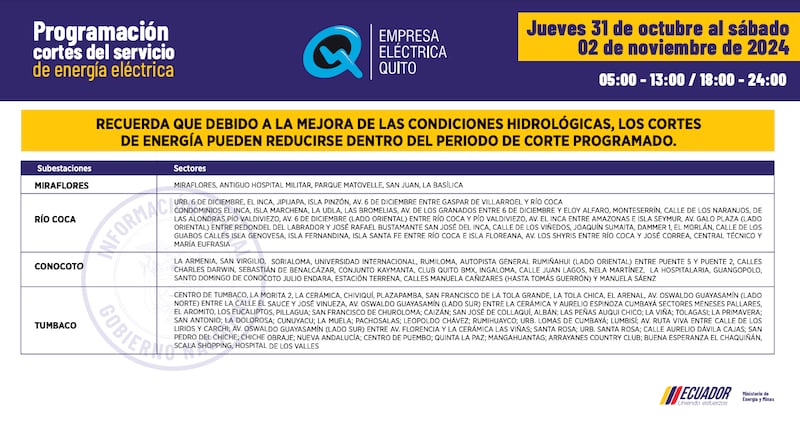 Quito: horarios de cortes de luz del 28 de octubre al 3 de noviembre. Imagen: EEQ