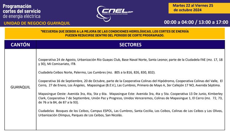 Cortes de luz en Guayaquil del martes 22 al viernes 25 de octubre