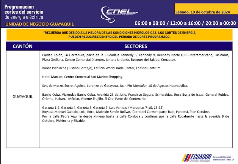 Guayaquil: horarios de cortes de luz para este sábado 19 y domingo 20 de octubre. Imagen: CNEL