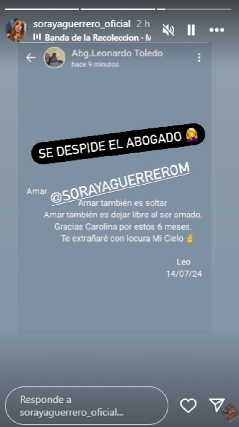 Captura de historia de Instagram de Soraya Guerrero