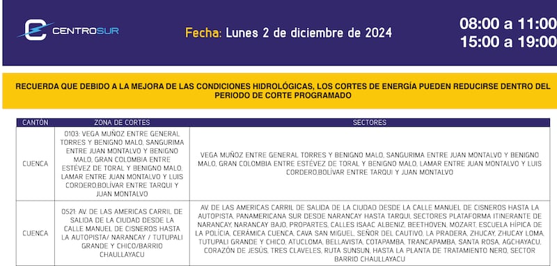 Cuenca: revise el cronograma de cortes de luz de este lunes 2 de diciembre. Imagen: CENTROSUR