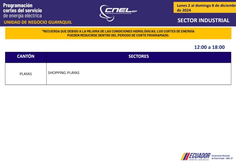 Guayaquil: revise los horarios de cortes de luz del 2 al 8 de diciembre. Imagen: CNEL