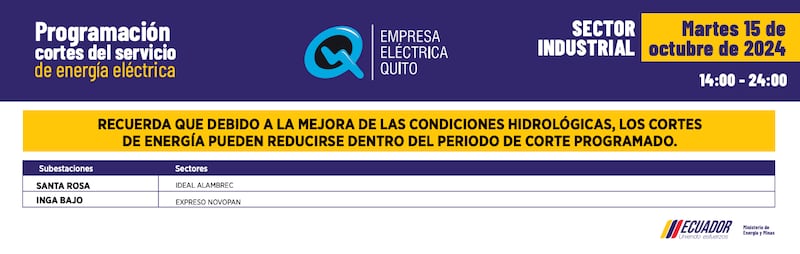 Quito: recuerde los horarios de cortes de luz para este 15 de octubre