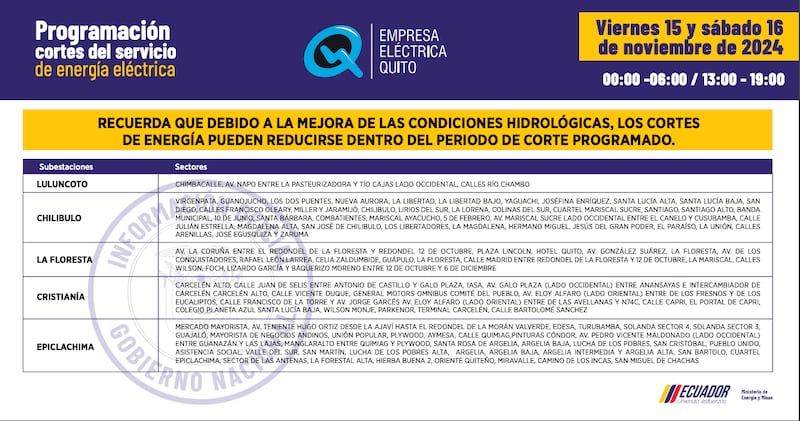 CORTES DE LUZ VIERNES 15 Y SÁBADO 16 DE NOVIEMBRE