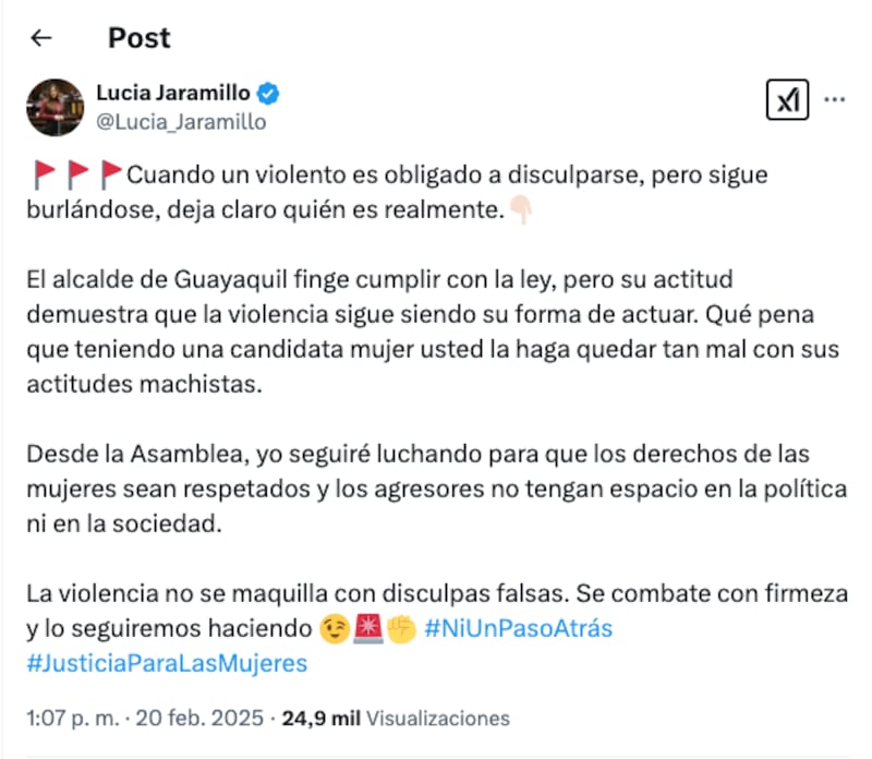 Lucía Jaramillo reacciona a la disculpa de Aquiles Álvarez