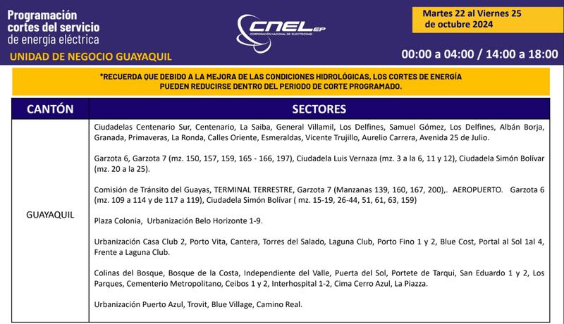 Cortes de luz en Guayaquil del martes 22 al viernes 25 de octubre