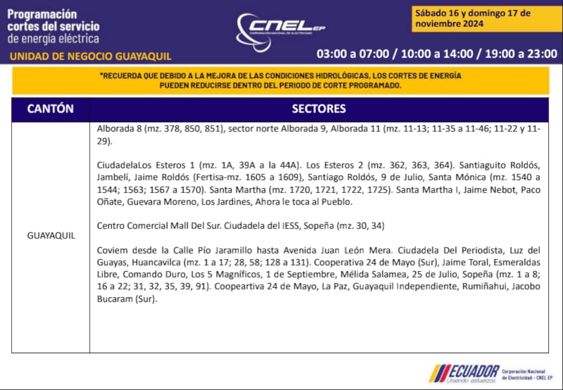 Guayaquil: horarios de cortes de luz de este domingo 17 de noviembre. Imagen: CNEL