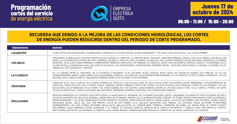 Quito: recuerde los horarios de cortes de luz para este jueves 17 de octubre. Imagen: EEQ