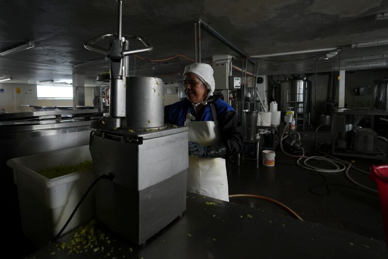 Una trabajadora limpia equipamiento en una fábrica artesanal de helados en Salcedo, Ecuador, el jueves 28 de noviembre de 2024, en medio de una oleada de cortes de electricidad provocados por una prolongada sequía. (AP Foto/Dolores Ochoa)