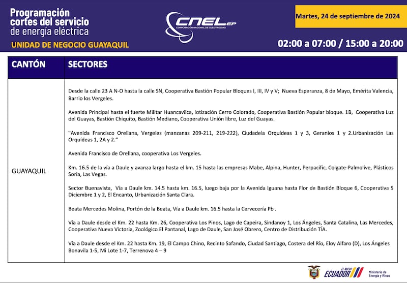 Horario de cortes de luz para este martes 24 de septiembre en Guayaquil.