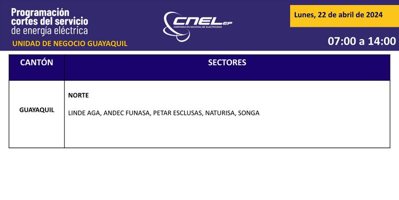 Cortes de luz en Guayaquil este 22 de abril
