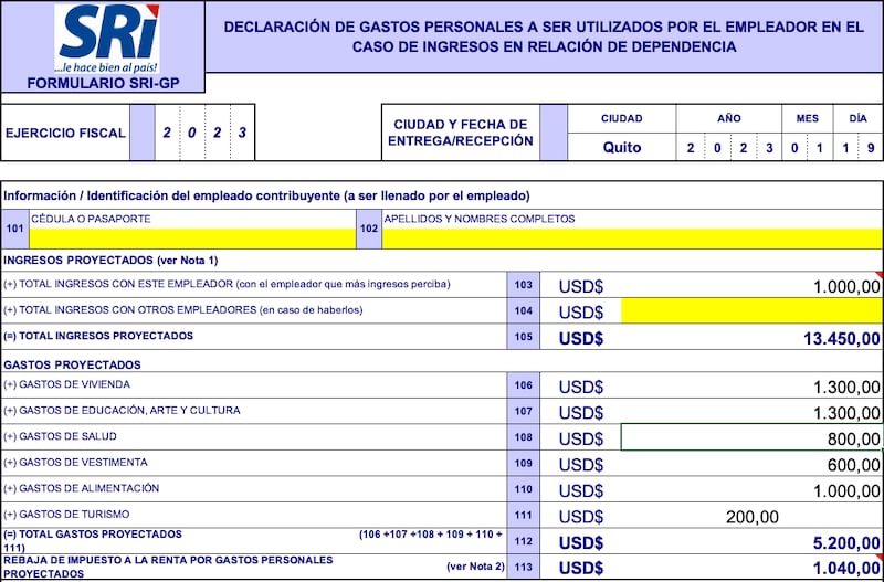 Formulario de Proyección de Gastos Personales 2023