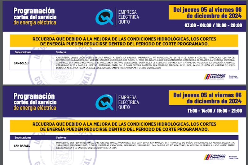 Los sectores de Quito que no tendrán luz el 05 y 06 de diciembre