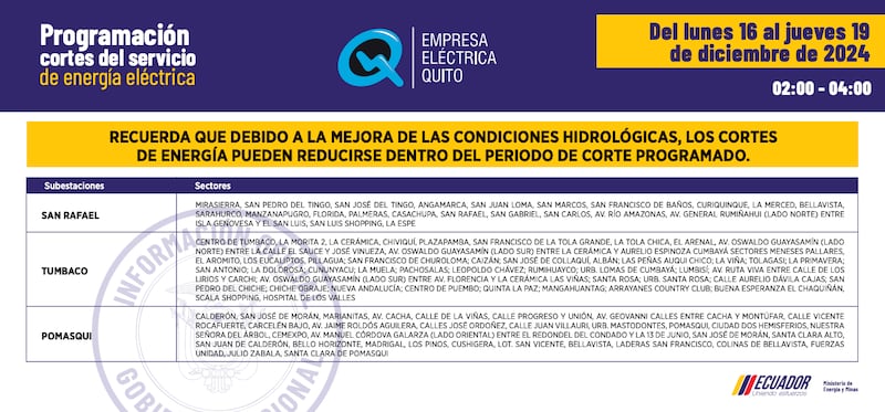 Quito: nuevos horarios de apagones del 16 al 19 de diciembre serán de dos horas. Imagen: EEQ