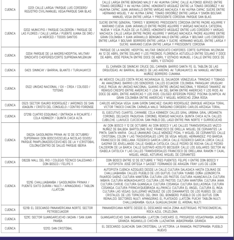 Horarios cortes de luz en Cuenca