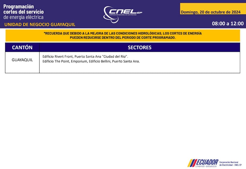 Guayaquil: horarios de cortes de luz para este sábado 19 y domingo 20 de octubre. Imagen: CNEL